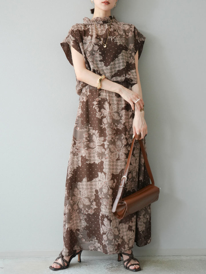 [予約]フラワーパターンフレアスカート/ブラウン
