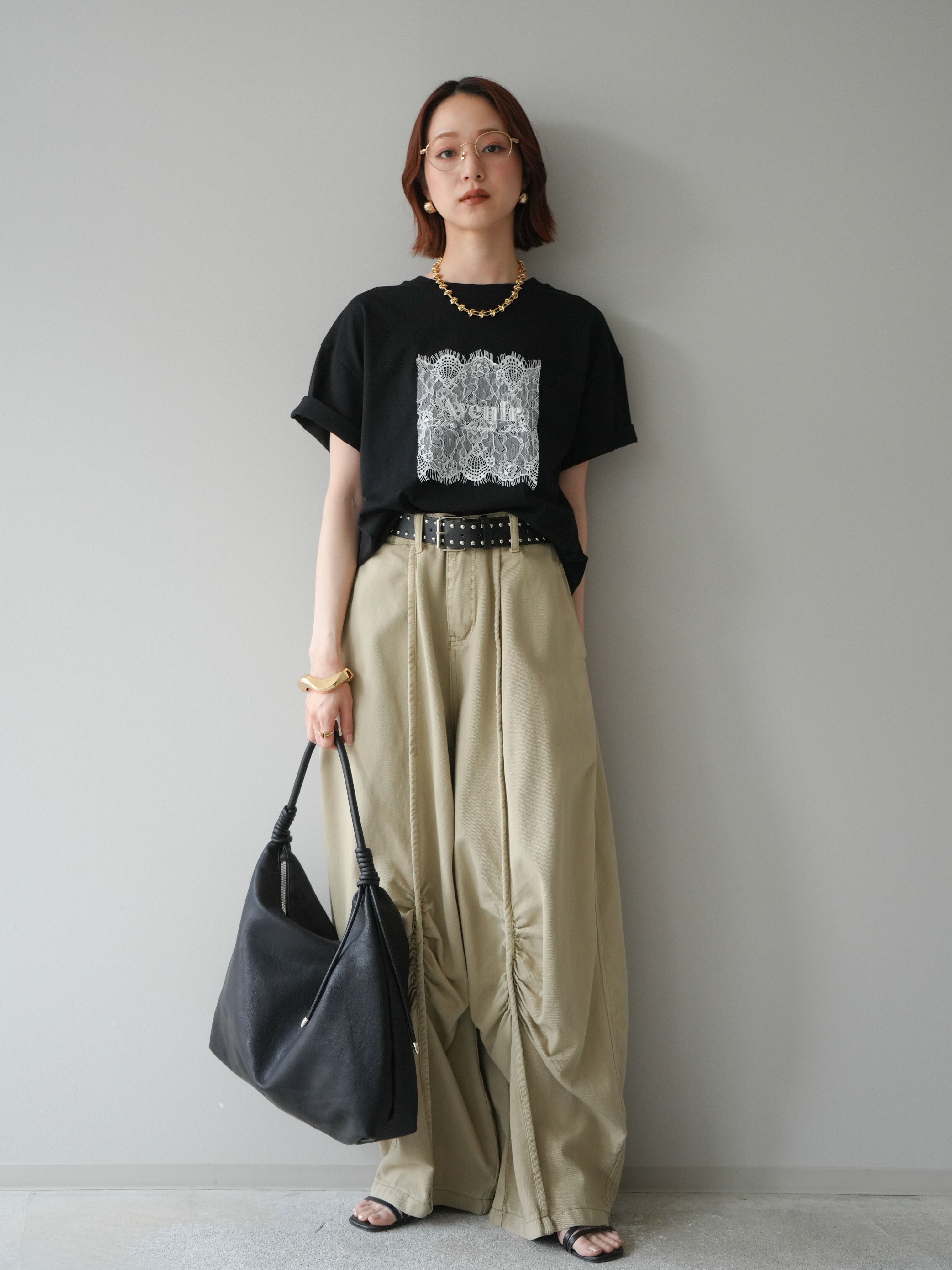 SET]レースコラージュロゴTシャツ+ベルト付センターギャザーワイド
