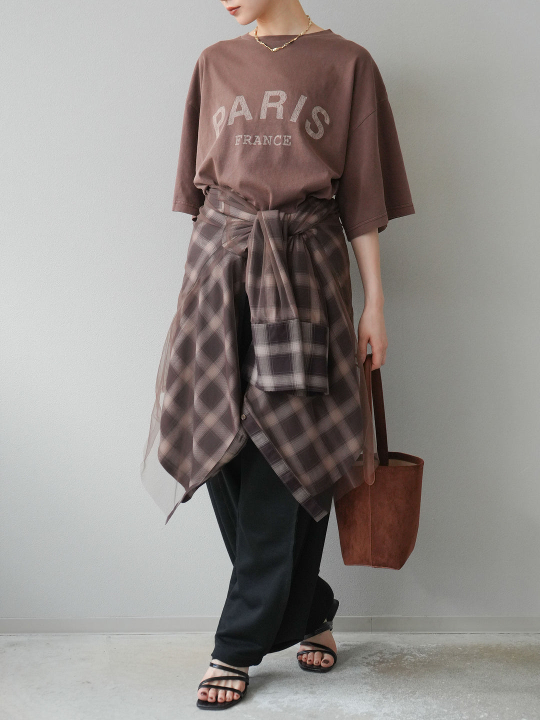 [SET]ピグメントロゴプリントTシャツ+2WAYデザインスウェットパンツ+チュールドッキングチェック柄オーバーサイズシャツ(3set)