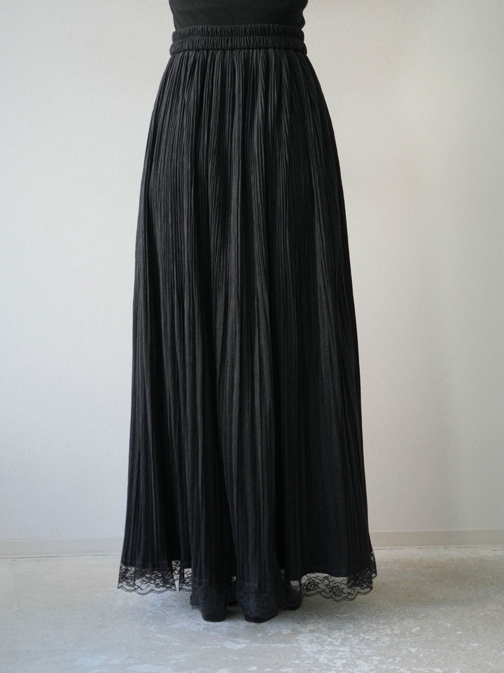 [予約]裾レーススウェードプリーツマキシスカート/ブラック