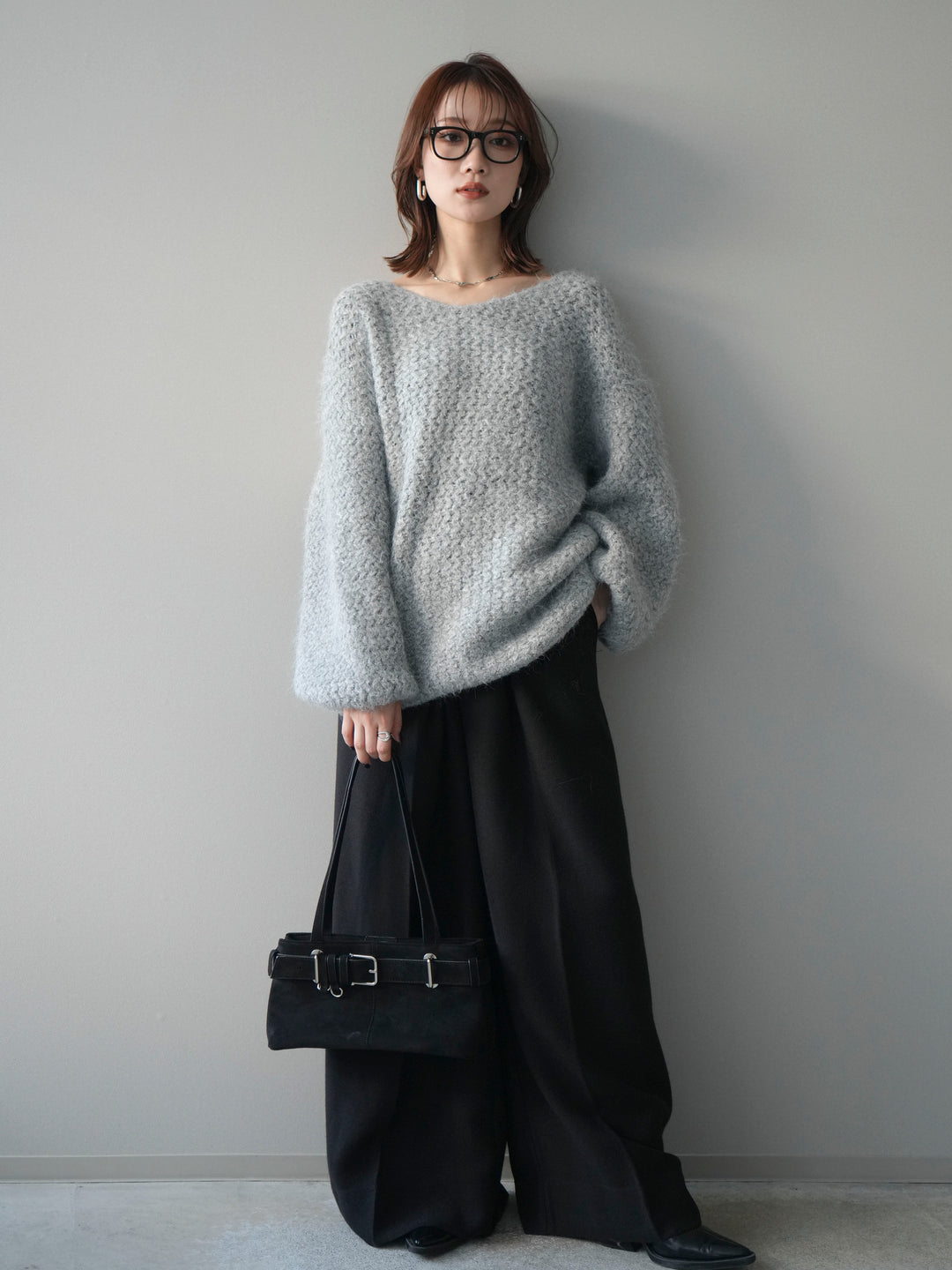 [予約]ウールタッチラメミックスヤーンVネックニットプルオーバー/lightgray