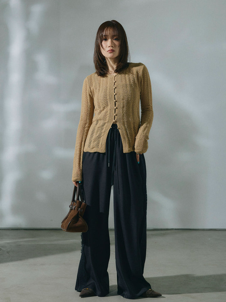 【Allure】[SET]透かし編みニットカーディガントップス+サイドピンタックレースイージーワイドパンツ(2set)