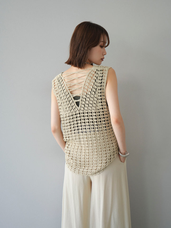 [予約]レースアップクロシェ編みニットベスト/ベージュ