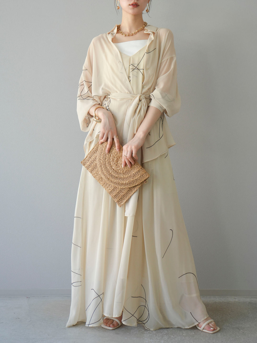 [SET]ペンタッチシフォンキャミワンピース+ペンタッチシフォンシャツ(2set)