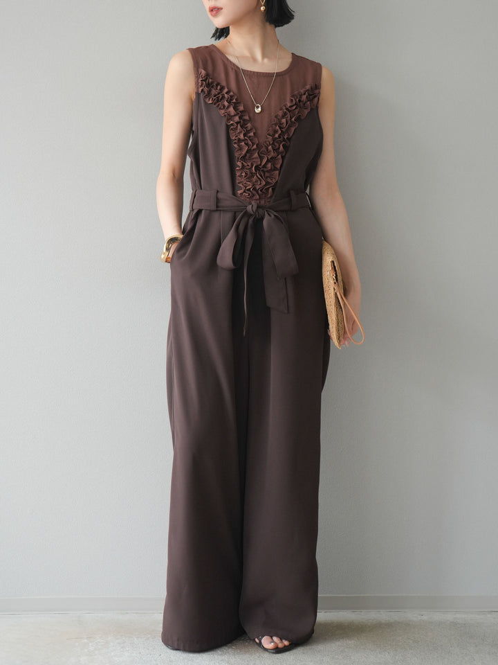 [預購] 荷葉邊設計連身褲/棕色