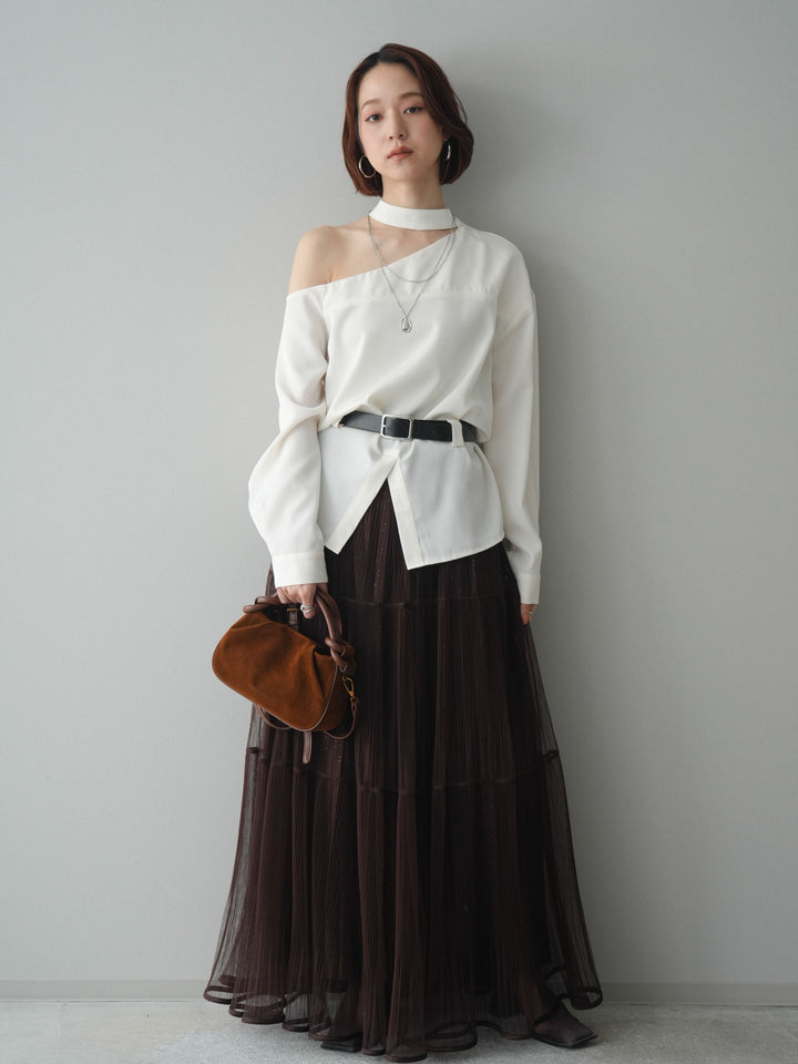 [SET]ベルト付ワンショルダースリットブラウス+ベルト付ワンショルダースリットブラウス(2set)