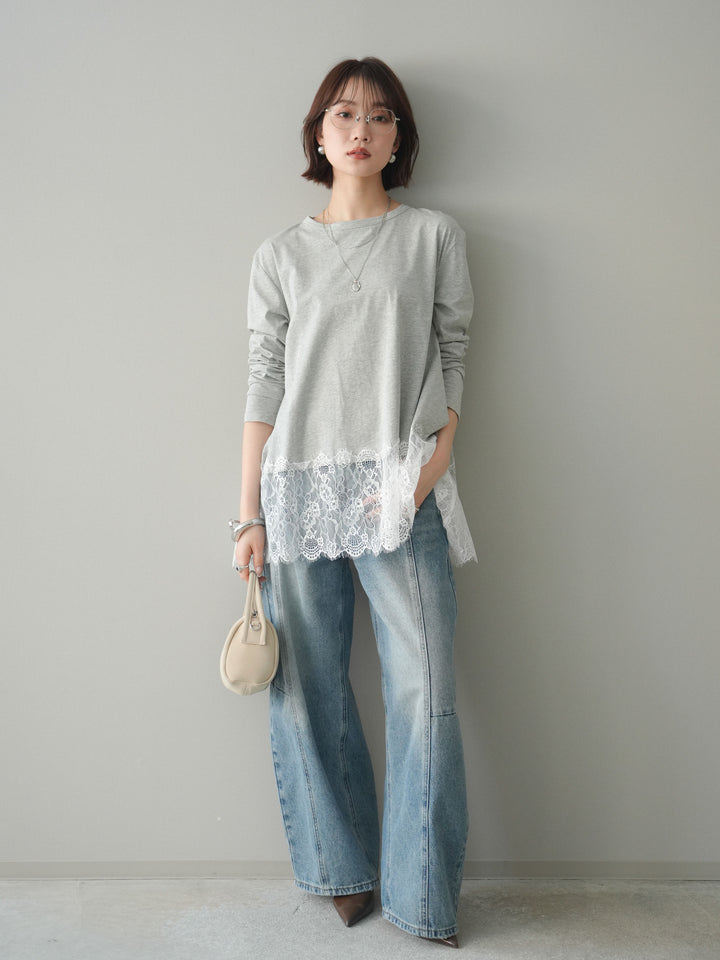 [SET]裾レースロングスリーブTシャツ+選べるアクセセット(2set)