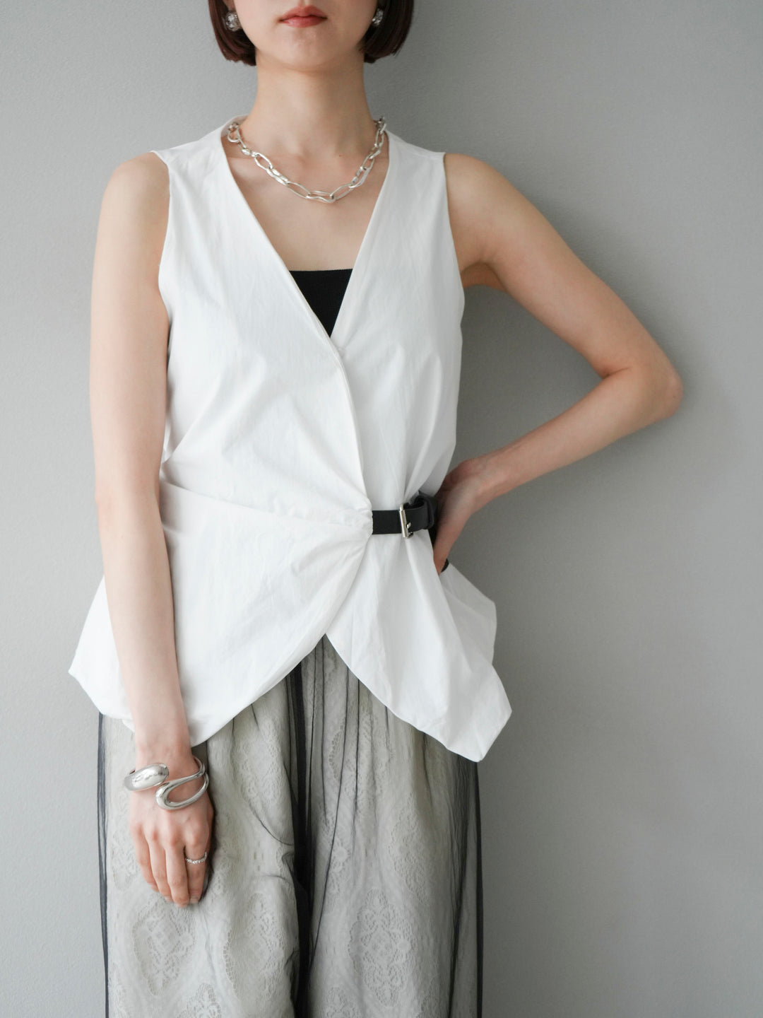 [SET]ベルトデザインバルーンブラウス+選べるアクセセット(2set)