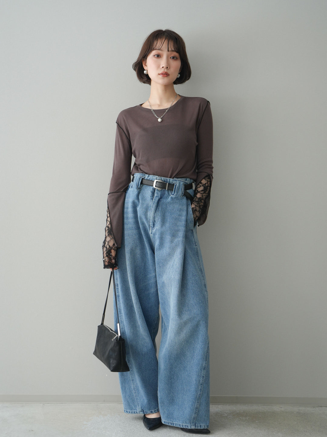 [SET]袖レースレイヤードデザインメロートップス+ハイウエストベルトループデザインデニムパンツ(2set)