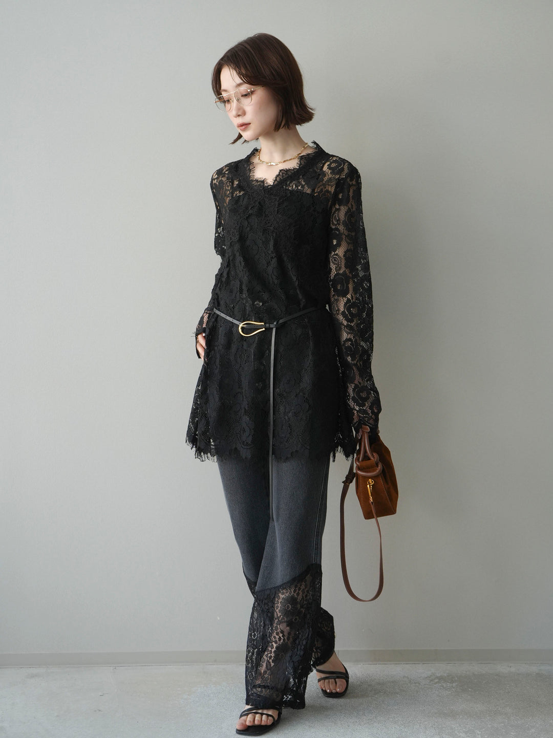 [予約]レース切替フレアデニムパンツ/black