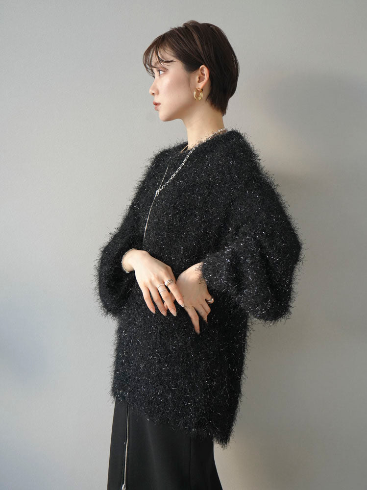 予約]ソフトラメシャギークルーネックオーバーニットプルオーバー