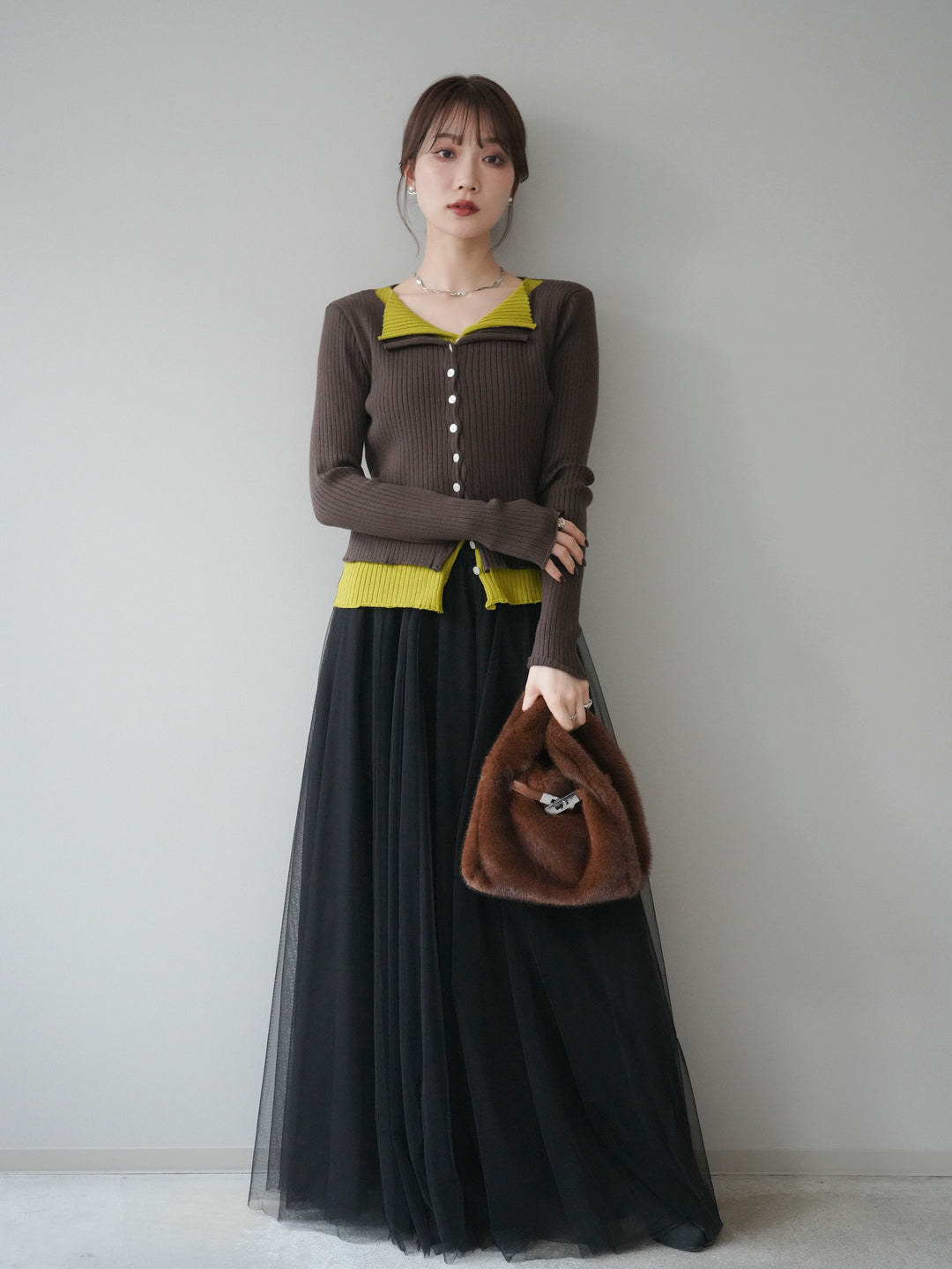 [予約]配色レイヤードリブニットカーディガン/brown