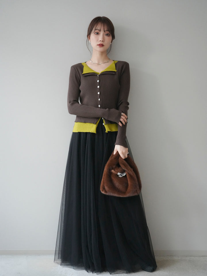 [予約]配色レイヤードリブニットカーディガン/brown