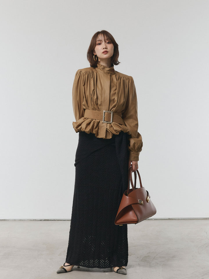 【Allure】[SET]透かし編みニットトップス＆スカート3SET+ベルト付バルーンレザーブルゾン(2set)