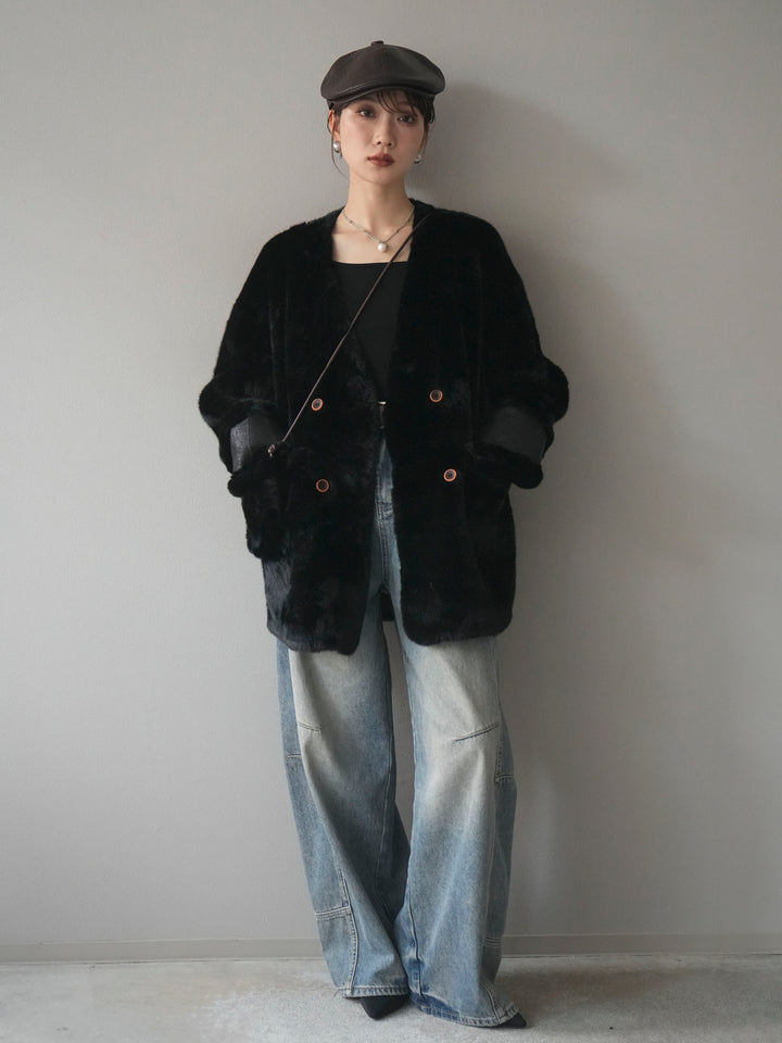 [SET]バッグ付エコファーノーカラーコート+ベルト付カーブデニムパンツ(2set)