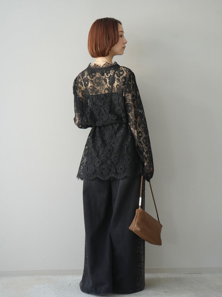 [予約]サイドビジューワイドデニムパンツ/black