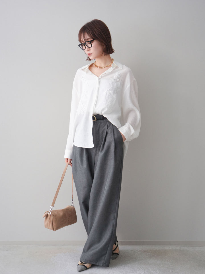 [予約]リネンライクタックワイドパンツ/charcoal