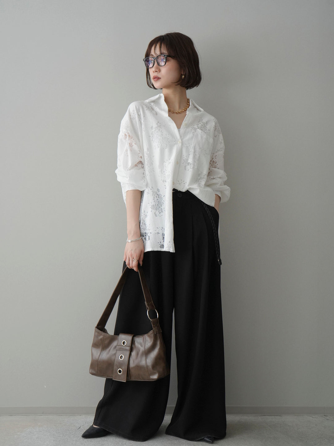 [予約]編み込みベルト付タックワイドパンツ/black