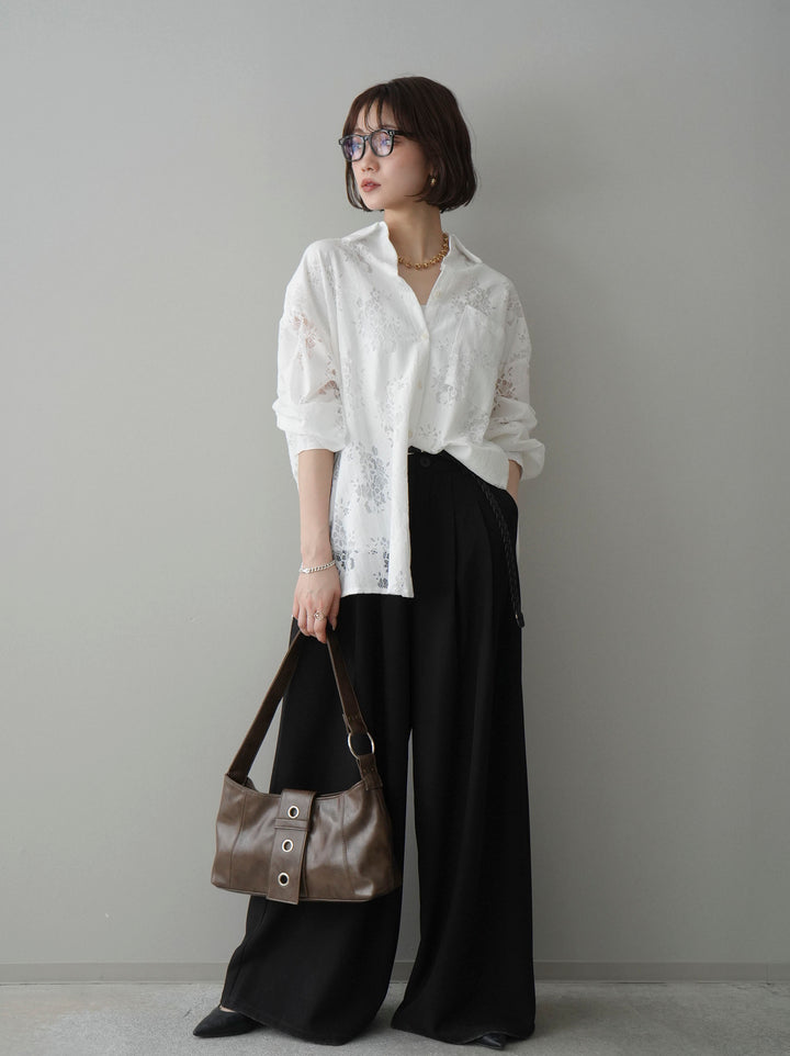 [予約]編み込みベルト付タックワイドパンツ/black