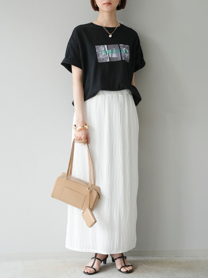 [SET]ネオンロゴコラージュフォトプリントオーバーTシャツ+ウェーブパイピングタイトスカート(2set)