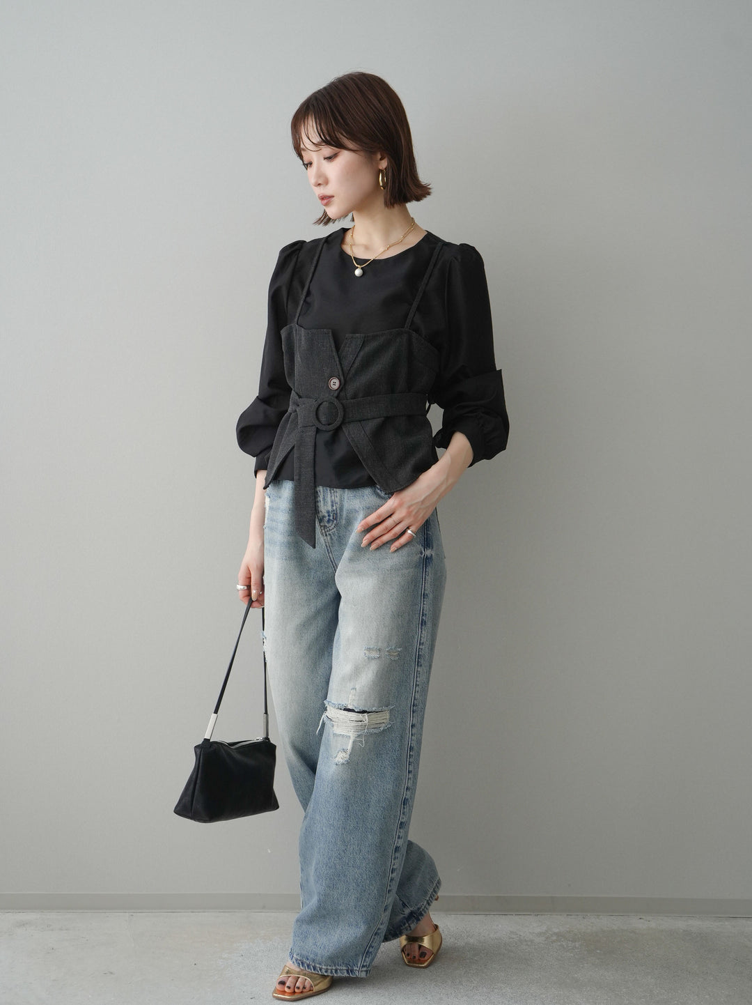 [SET]異素材ビスチェドッキングブラウス+ダメージデニムセミワイドパンツ(2set)