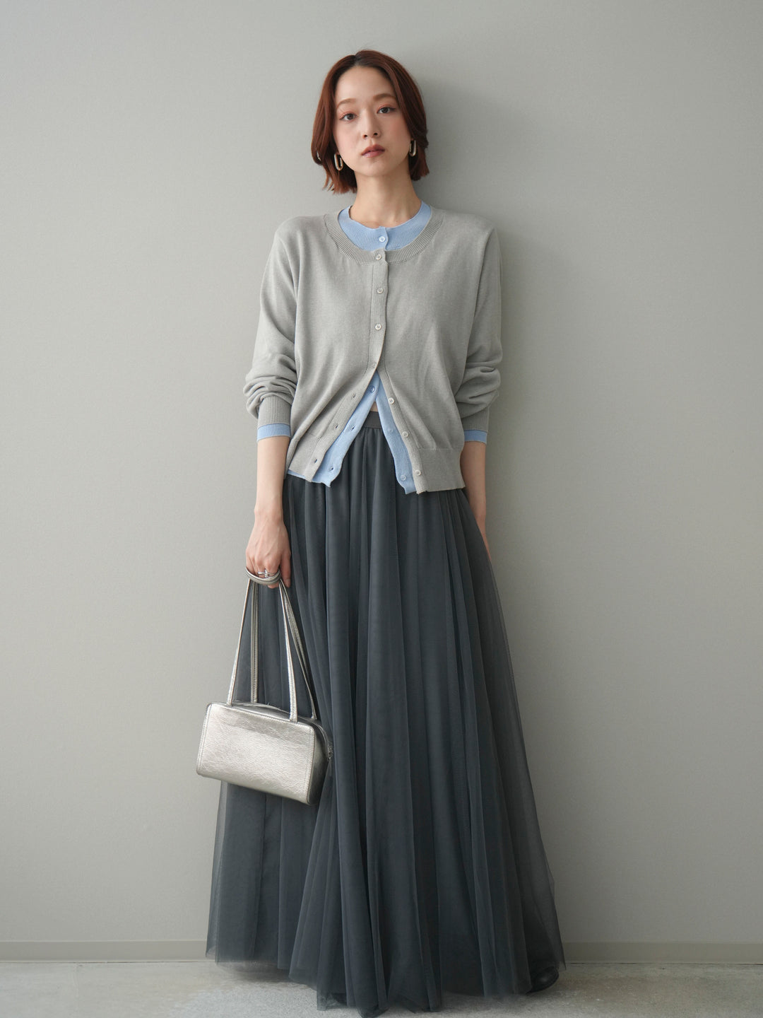 [予約]配色レイヤードコットンアクリルニットカーディガン/mokugray