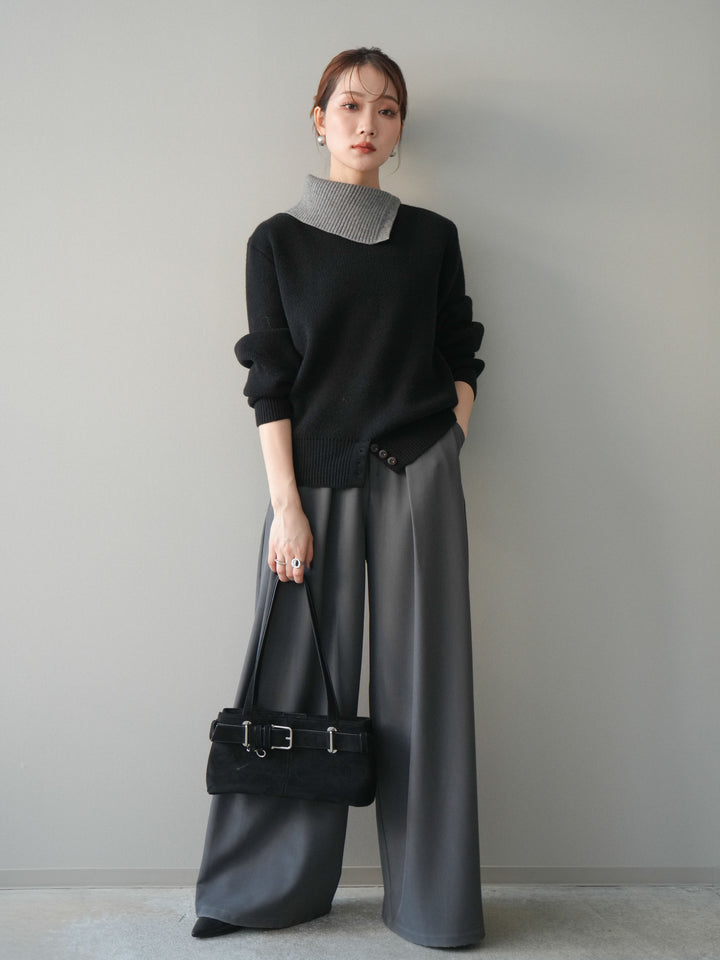 [予約]デザインネックバイカラーニットプルオーバー/black