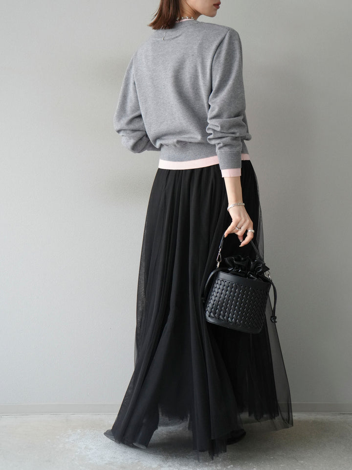 [SET]配色レイヤードカーディガン+チュールボリュームスカート(2set)