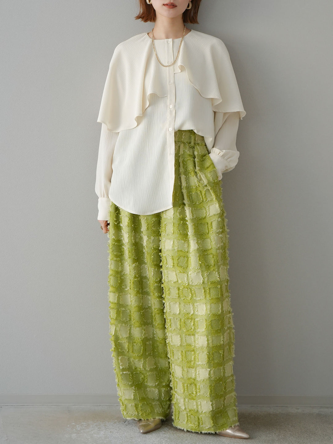 [預訂] 流蘇格紋提花長褲/綠