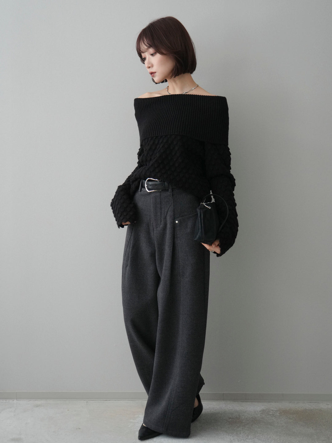 [SET]ポコポコ編みオフショルニットプルオーバー+ベルト付起毛コクーンパンツ(2set)