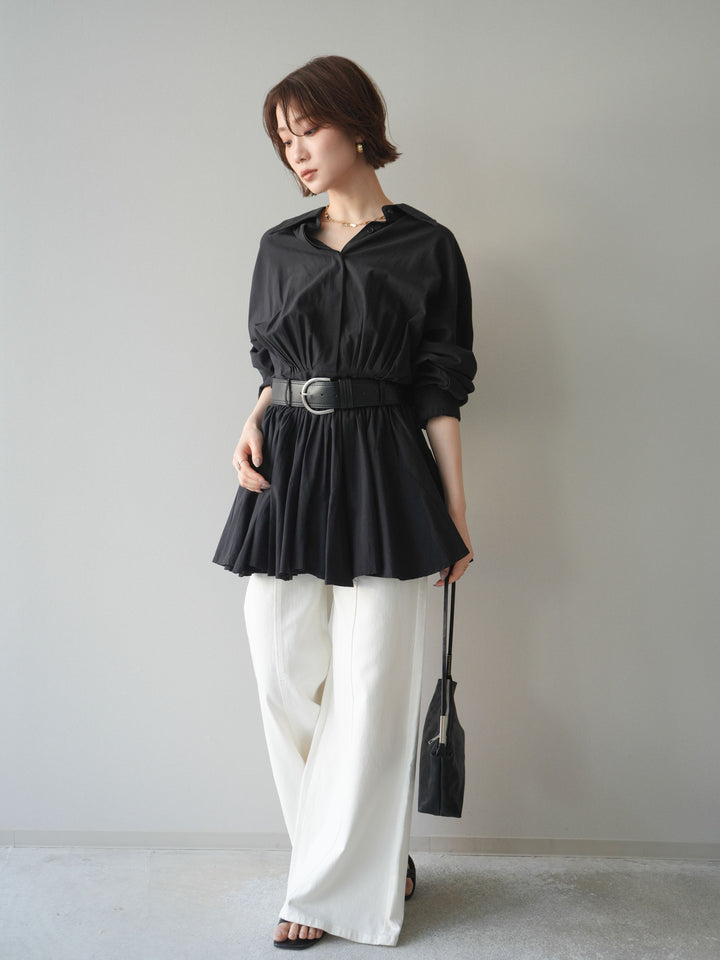 [予約]ベルト付フレアシャツミニワンピース/black