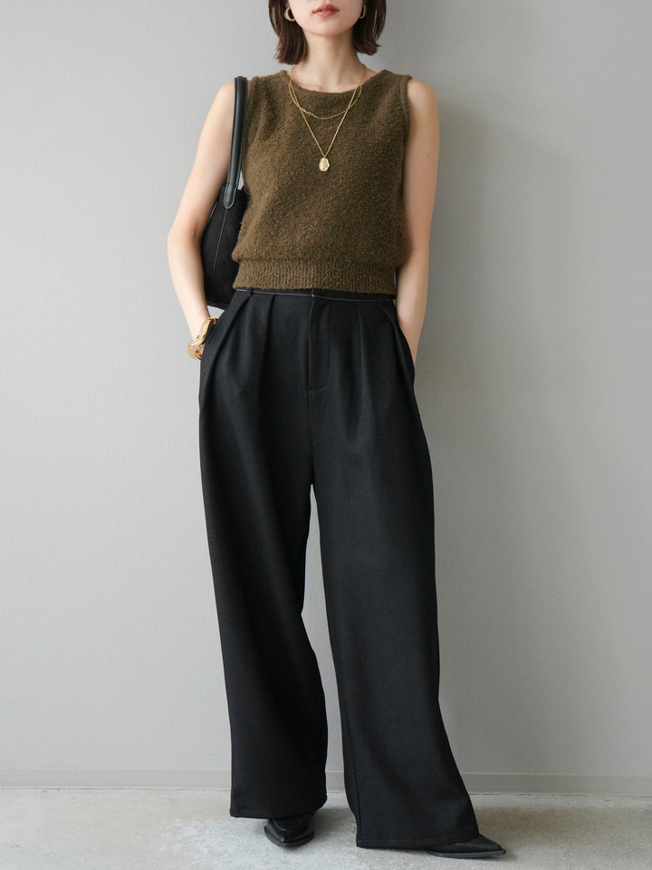[予約]レザーパイピングタックワイドパンツ/ブラック