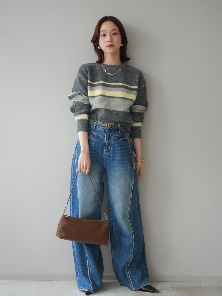[SET]ソフトタッチボーダークロップドニットプルオーバー+サイドフリンジワイドデニムパンツ(2set)