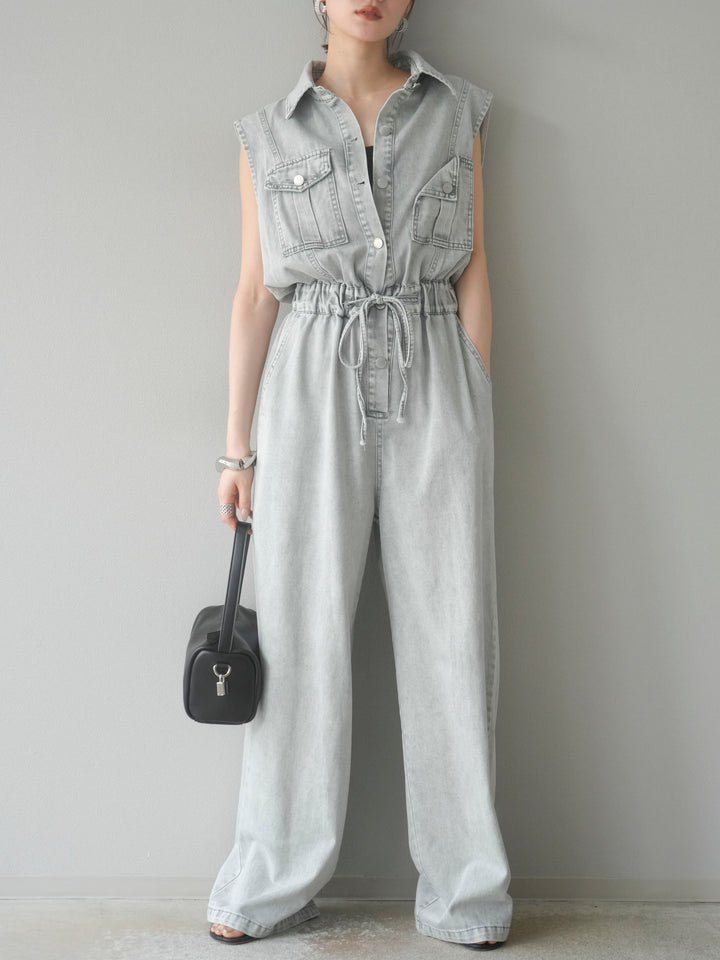 [予約]ポケットデザインデニムオールインワン/グレー