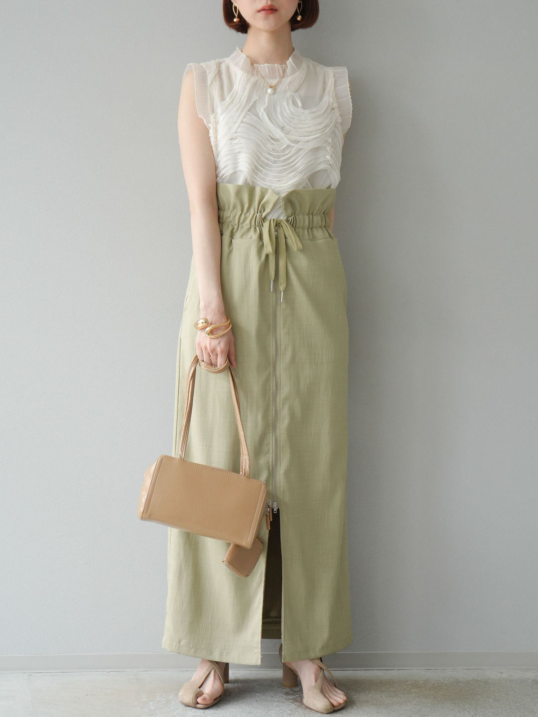 [SET]チュールジャガードノースリブラウス+ヘザーエステルギャザージップスカート(2set)