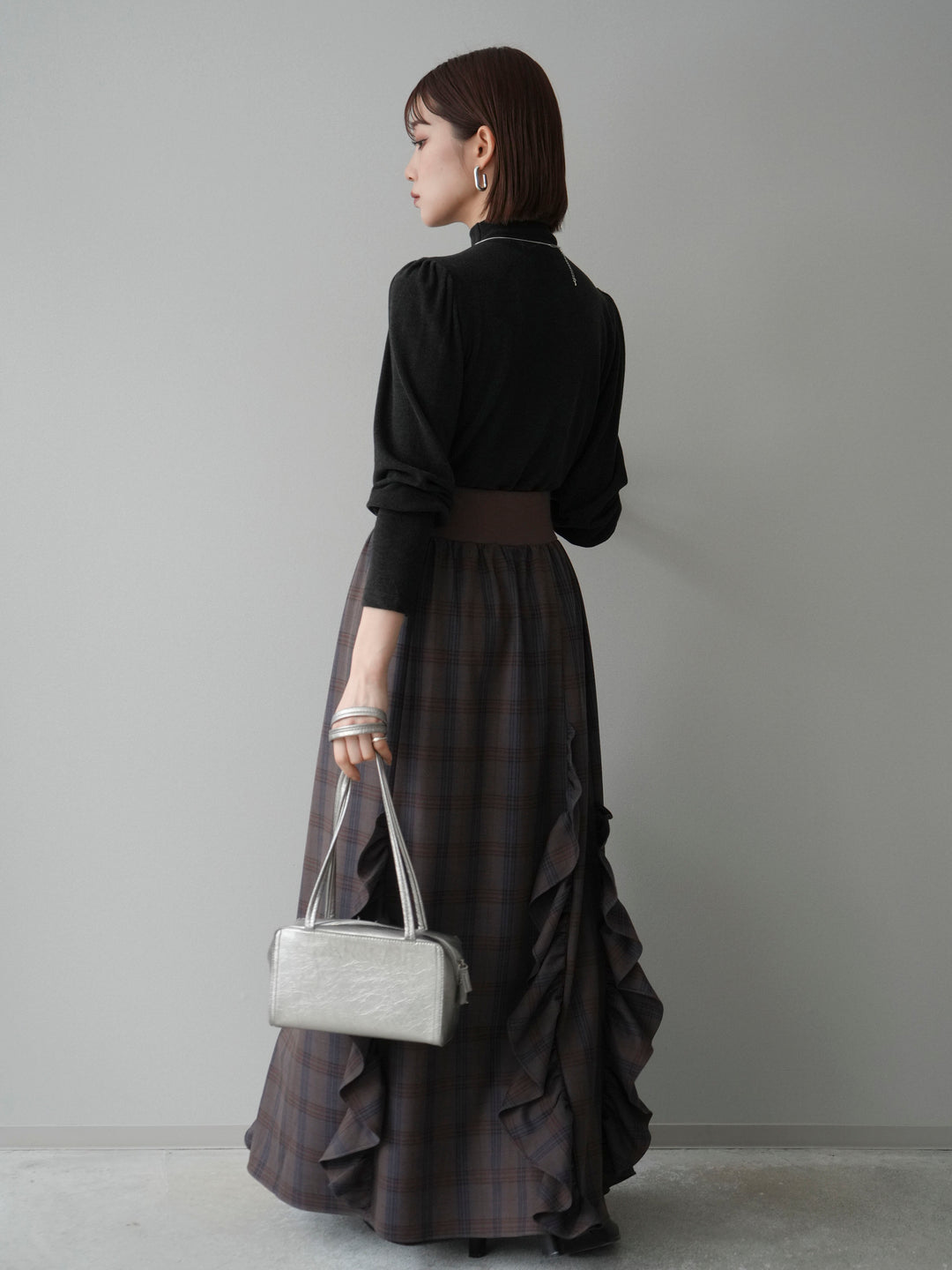 [SET]プチネックパワーショルダー起毛トップス+チェック柄フリルハイウエストマキシスカート(2set)