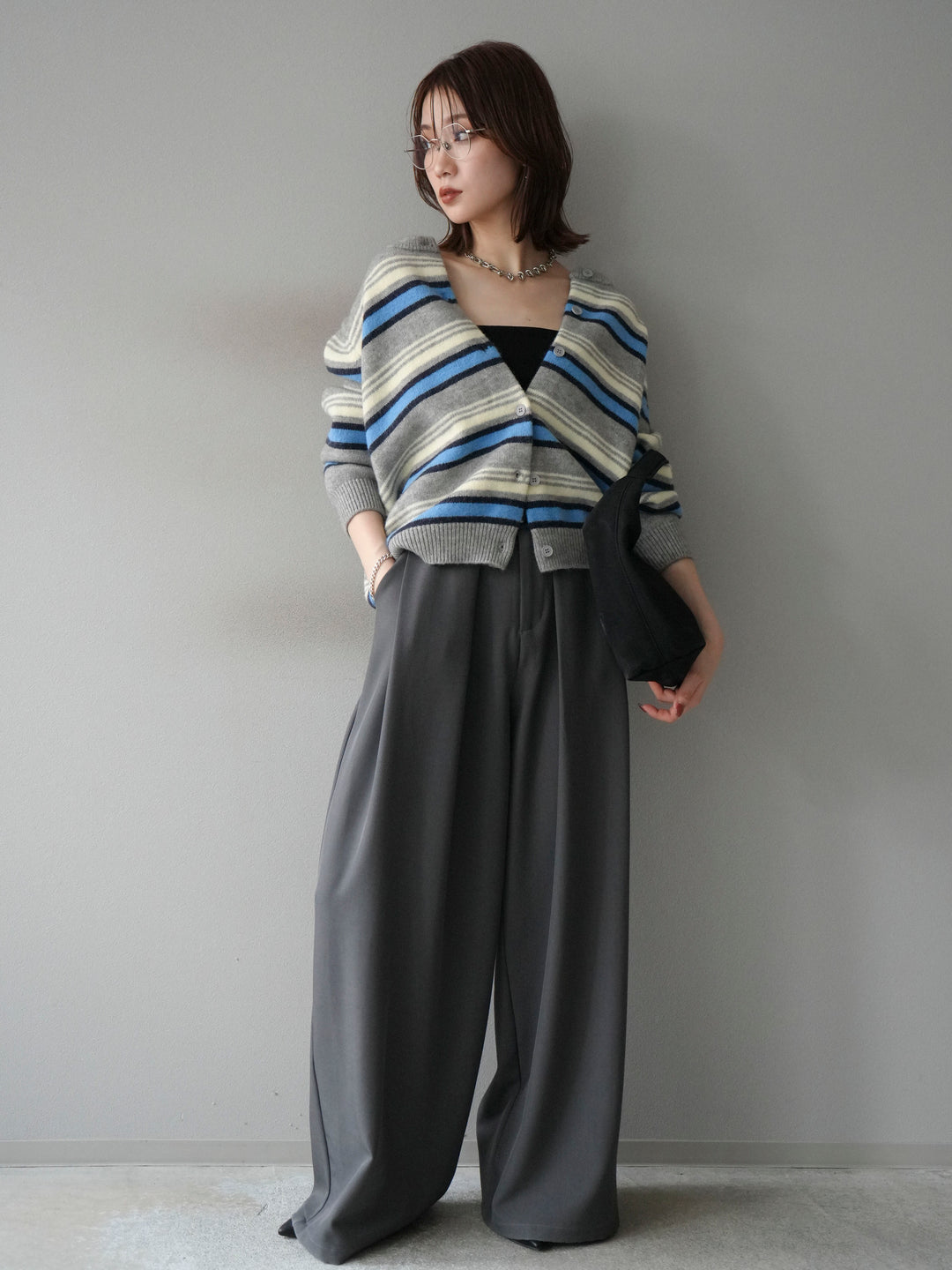 [SET]マルチボーダーニットカーディガン+ベルトループデザインワイドパンツ(2set)