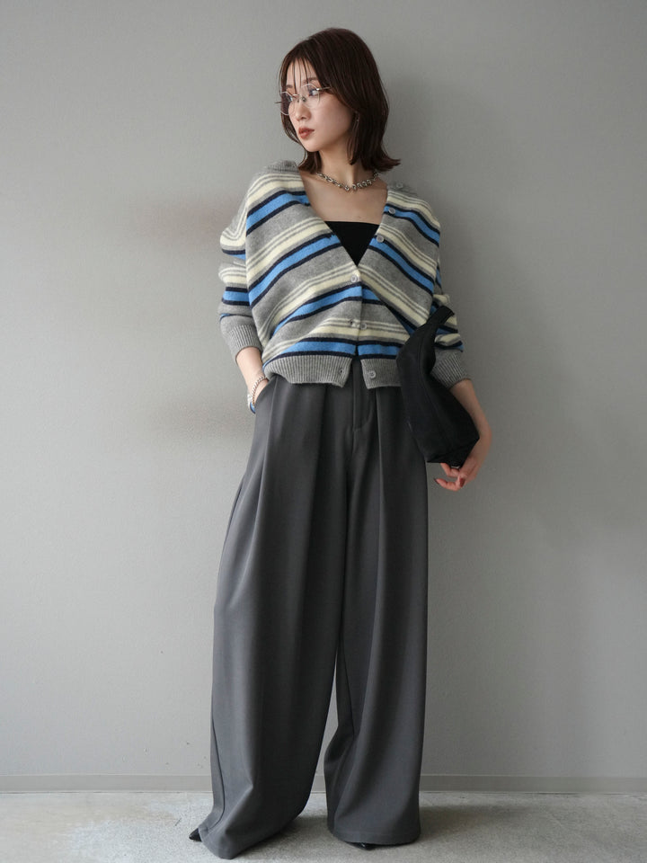 [SET]マルチボーダーニットカーディガン+ベルトループデザインワイドパンツ(2set)