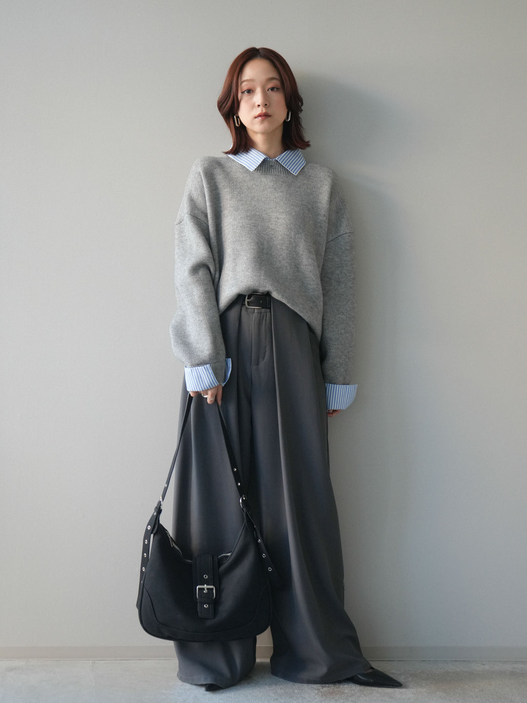 [SET]2WAYストライプ襟ニットプルオーバー+ベルトループデザインワイドパンツ(2set)