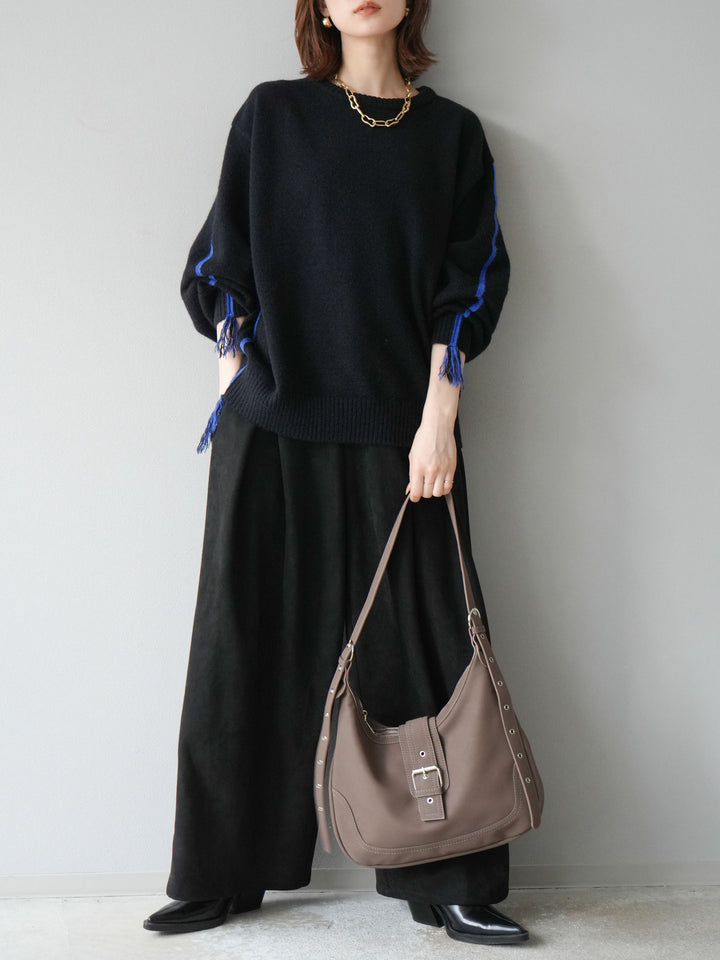 [SET]配色ステッチフリンジニットプルオーバー +スウェードタックワイドパンツ(2set)