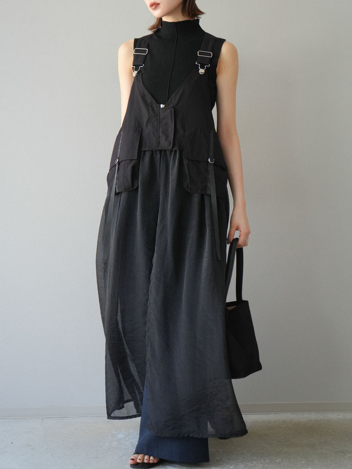 [SET] 戰術背心歐根紗洋裝 + 麻質寬鬆寬褲 (2 件套)