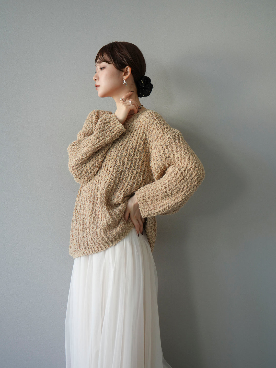 [予約]ポコポコVネックニットプルオーバー/ベージュ
