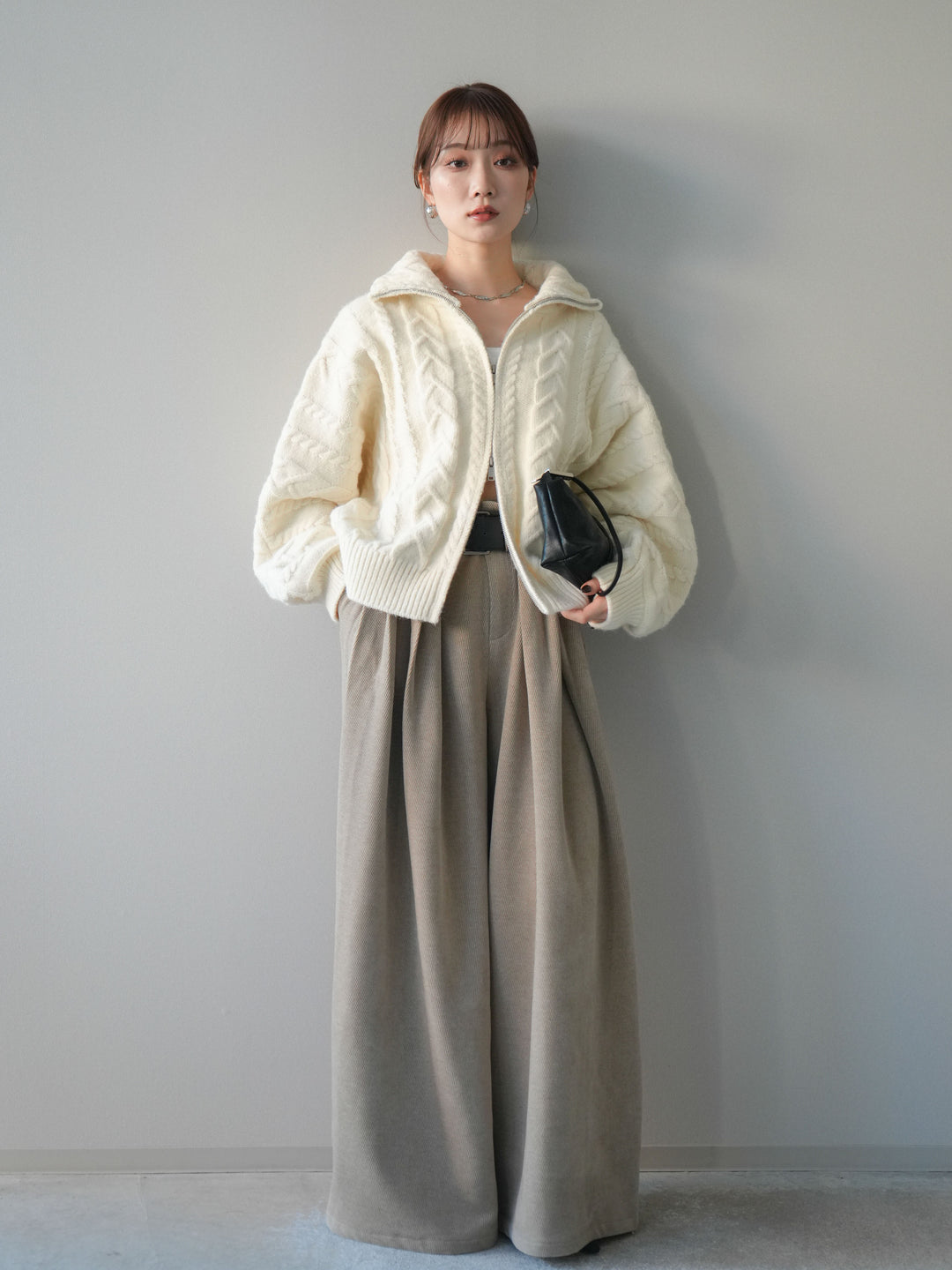 [予約]ベルトデザインループコールテンワイドパンツ(ベルト付き)/beige