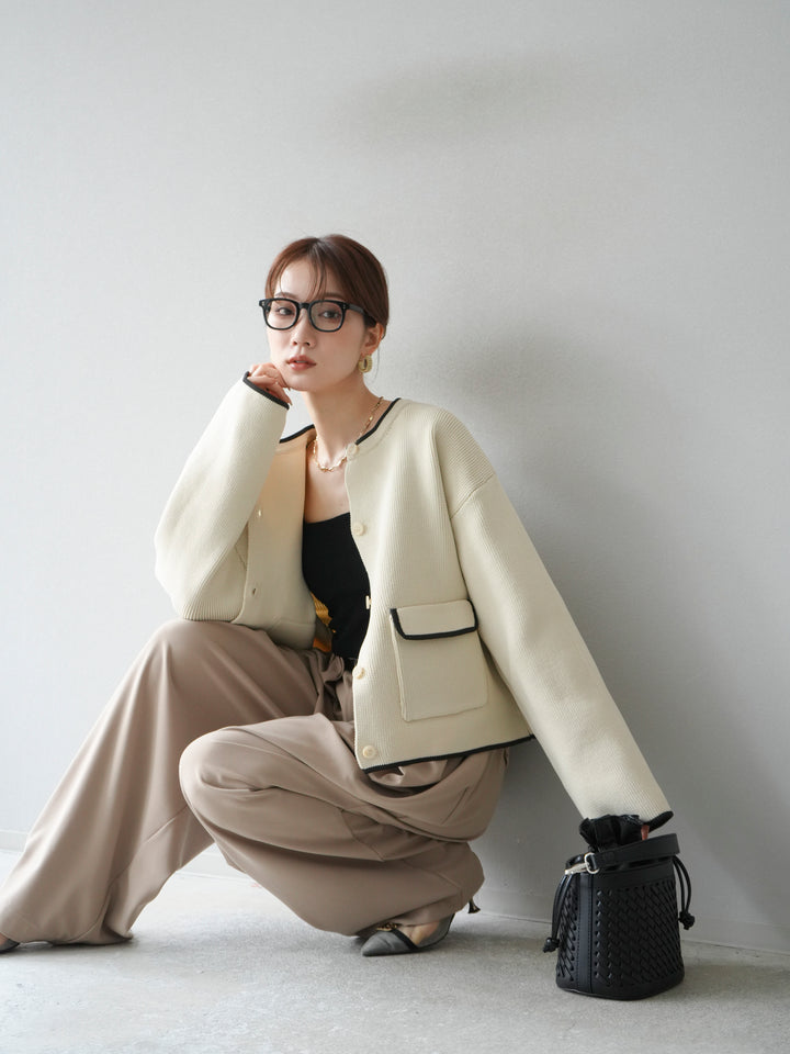 [予約]ポリエステル配色クルーネックカーディガン/アイボリー