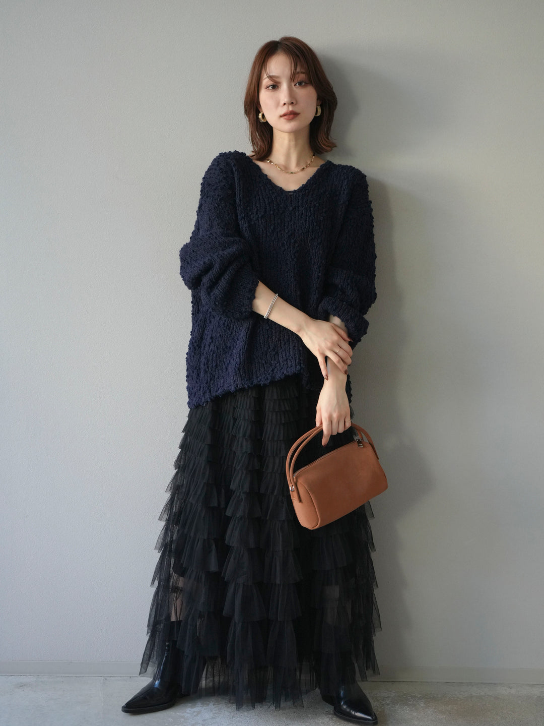 [予約]メランジポコポコニットプルオーバー/navy
