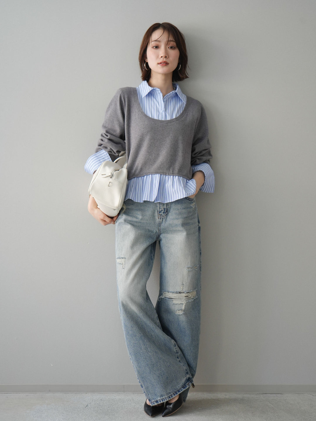 [SET]ストライプシャツUネックドッキングニットプルオーバー+ストライプシャツUネックドッキングニットプルオーバー(2set)