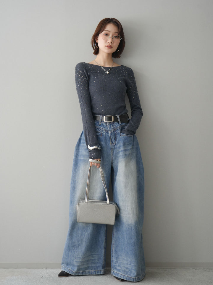 【預購】亮片透視針織上衣 / 灰色