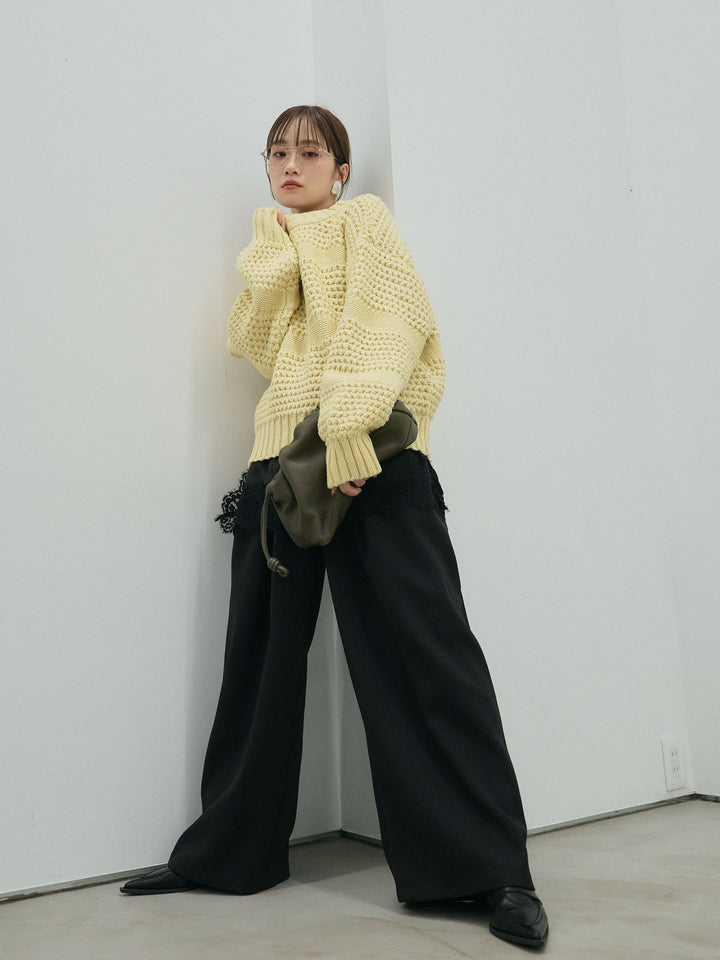 【Allure】[SET]ライン編みニットプルオーバー+ループデザインツイルワイドパンツ+サテンレースキャミソール(3set)