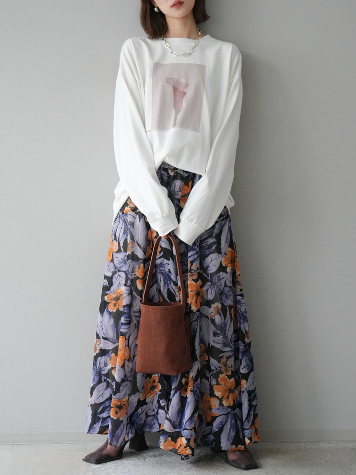 [予約]フラワープリントボリュームフレアスカート/ブラック