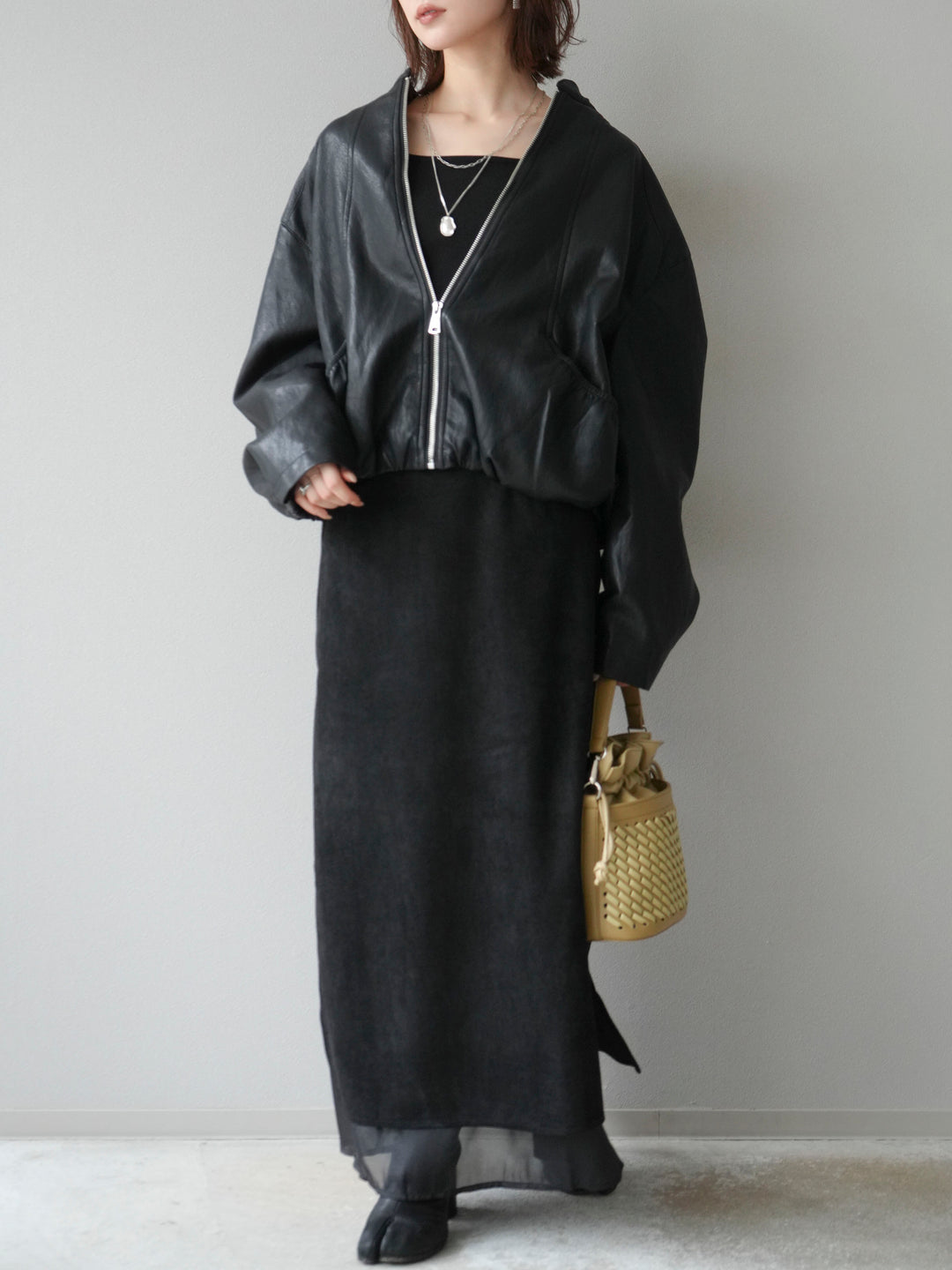 [予約]サイドスリットスウェードドッキングシフォンスカート/ブラック